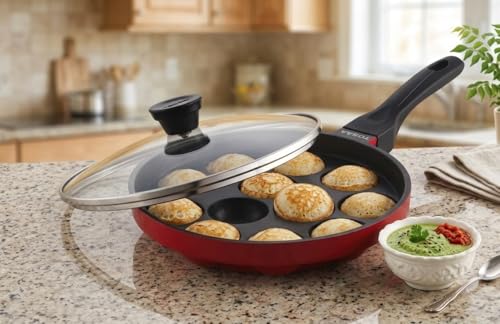 Image of Tosaa Non-Stick 12 Cavity Appam Patra Pan with Glass Lid | Appam patra with Long Handle | Appam Maker | Appam pan | Appe Stand | 20cm