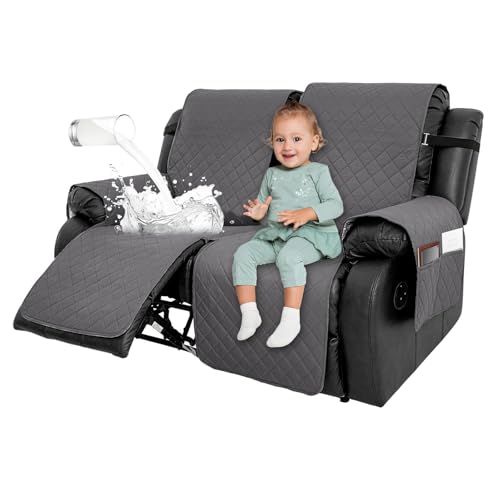 2 Seat Recliner Sofa Covers with Pocket - Water Repellent Furniture Protector Non Slip Armchair Slipcovers, Soft Washable Sofa Slipcover for Recliner with Adjustable Tightening Straps (Dark Gray）
