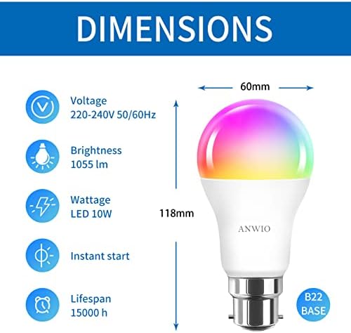 ANWIO Smart Bulbs Bayonet ,Bright WiFi Bulb B22,1055Lm,10W Replace 75 Watt, B22 RGB WiFi Smart Life Bulbs,Compatible with Alexa and Google Home,Remote Control by APP, 220-240V,No Hub Required (2 PCS)
