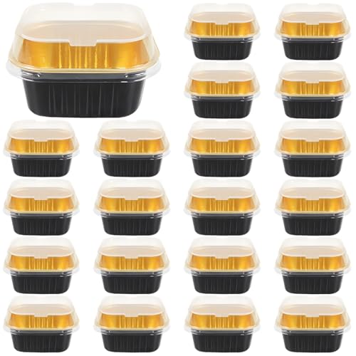 Varku 100 Pcs Mini Square Cake Pans with Lids, 5 oz Aluminum Foil Baking Cups Disposable Small Ramekins Cupcake Boxes Dessert Containers for Tiramisu Desserts Party