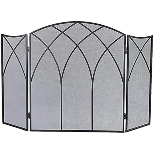 3 Panel Fireplace Screen Modern Foldable With Wrought Metal Decorative Mesh,Arch Heavy Duty Fire Spark Guard Cover For Home Decor Indoor/Gas Fires/Log Wood Burner