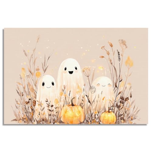 XMJJQQ Cute Smiling Ghost Canvas Wall Art, Autumn Pumpkins Aesthetic Poster, Friendly Halloween Ghost Picture for Nursery, Cozy Beige Harvest Fall Season Wall Decor for Living Room 8x12in Unframed