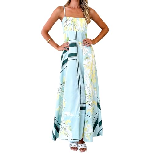 Image of NUFIWI Women Summer Striped Maxi Dress Spaghetti Strap Cutout Ruffle Long Dress Flowy Swing Beach Vocation Dress