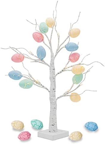 EAMBRITE Easter Tree with Lights, Easter Decorations Eggs Tree for Home Table Decor, White Twig Tree Battery Operated with Timer, Easter Gifts for Kids and Adults (2ft, Warm White LED)