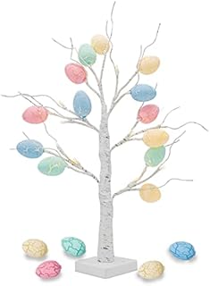 EAMBRITE Easter Tree with Lights, Easter Decorations Eggs Tree for Home Table Decor, White Twig Tree Battery Operated with Timer, Easter Gifts for Kids and Adults (2ft, Warm White LED)