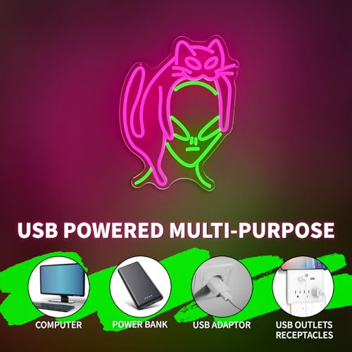 Image of Alien Cat Neon Sign,Dimmable LED Neon Signs for Wall Decor,USB Powered Alien Neon Light for Bedroom, Game Room, Bar,Aesthetic Alien Cat Lover Decor