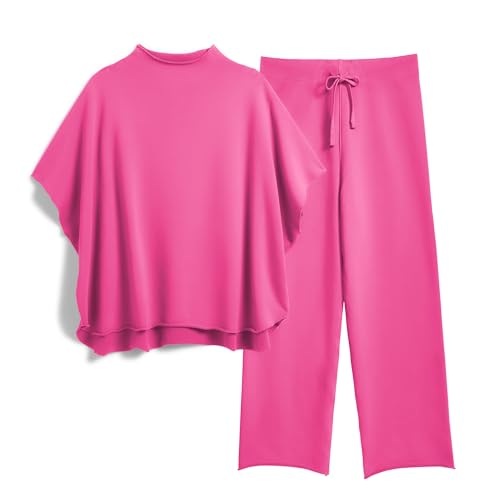 Image of SeeLuNa Women's Two Piece Outfits 3 /4 Batwing Sleeve Capelet Crew Neck Pullover Top Wide Leg Pants Lounge Set