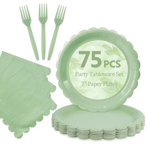 Image of Sage Green Paper Plates and Napkins,Sage Green Disposable Dinnerware, 25-7 inch