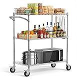 VEVOR Kitchen Utility Cart, 3 Tier Heavy Duty Adjustable Wire Storage Rack, Commercial Steel Rolling Service Trolley on Wheels, Work Table with Handle Bar, for Garage and Laundry Room, 35x17.8x40.9 in