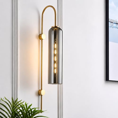 Image of Long Glass Wall Light, Modern Golden Metal Wall Light for Dining Area, Bedroom, Bedside, Living Room, Bar, Restaurants, Cafe, Study Room, Corridor, Shop with 30 cm Long Bulb (Smoke)