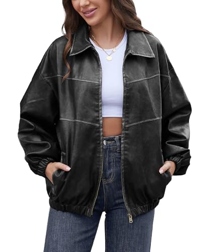 leather double zip jacket black M 短丈 Y2K Aelfric Eden Womens Leather Jacket Oversized Y2k Faux