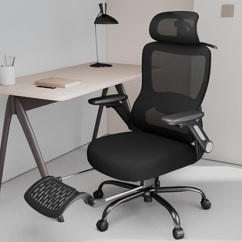 Image of Ergonomic Office Chair with Footrest, High-Back Home Desk Chair with Adjustable Lumbar Support, Headrest, Flip-Up Arms, 90-135 Tilt Lock, and Wide Cushion, Big and Tall Mesh Computer Seating