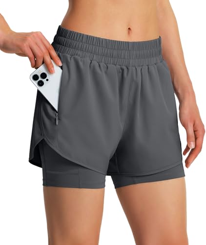 Ksmien Women's 2 in 1 Athletic Running Shorts Quick Dry with Liner