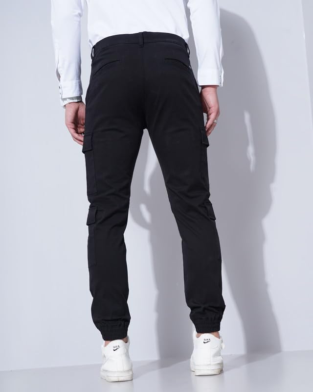 Image of British Club 98% Cotton, 2% Elastane Slim Fit Cargo Jogger Pants | Flat-Front Design | Adjustable Waistband | Multiple Pockets | Lightweight Fabric | Modern Style | Comfortable | Durable Black
