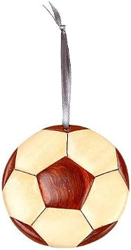 Soccer Ball Sport Christmas Tree Ornament Handcrafted Intarsia Wood Mosaic Double Sided with Ribbon