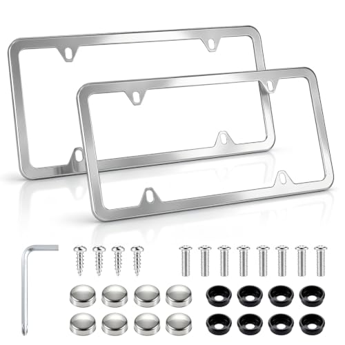 LivTee Chrome License Plate Frames, 4 Holes Stainless Steel License Plate Covers, 2PCS Car License Plate Holder, Automotive Accessories, Slim Design with Bolt and Gasket Cover for US Cars(Silver)