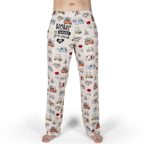 BRIEF INSANITY Outdoors and Camping Pajamas - Funny Camping Pjs for Women and Men, Comfy, Ultra Soft, Novelty Unisex Pajama Bottoms, RV Pattern Home is Where You Park It Lounge Pants, XX-Large