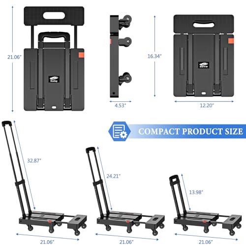 SOYO Folding Hand Truck, 500lbs Heavy Duty Dolly, Portable 6 Wheels Collapsible Luggage Cart with 2 Elastic Ropes for Moving, Travel, Shopping, House Office Use, Black - Thumbnail 3