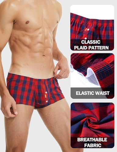 Panegy Men's Plaid Tartan Boxer Shorts Elastic Waist Low Rise Button Front Pouch Lounge Shorts3