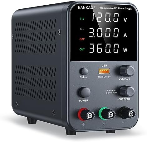 DC power supply (0-120V,0-3A) adjustable, switching power supply, mini high precision 4-digit display with USB fast charging interface, variable lab bench power supplies, output on/off/encoder knob