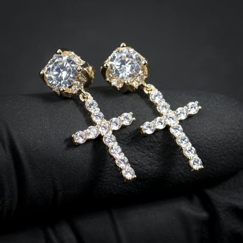 Yellow Gold Plated 925 Sterling Silver Hanging Drop Round Stud Cross Earrings for Men Women Dangle Earrings Unisex Hip Hop Jewelry CZ Hypoallergenic Ice Out Cross Dangle Earrings for Men4