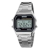 Dgtkayi Orologio digitale da uomo e donna, impermeabile fino a 3 ATM, orologio digitale per esterni, cinturino in acciaio inox, elettronico, quadrato, retroilluminato, con cronografo, Argento