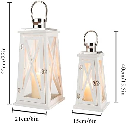 TRIROCKS Set of 2 Farmhouse Wooden Lanterns 55cm & 40cm Tall Metal Decorative Candle Holders with Tempered Glass Rustic Hanging Lantern for Patio Garden Wedding Parties Indoor Outdoor(Trapezoid)