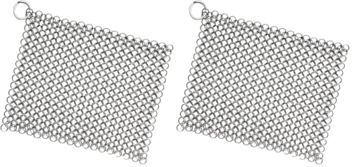 Image of 8 inchx6 inch Cast Iron Scrubber Stainless Steel Chainmail Cleaner for Pre-Seasoned Pans, Griddles, BBQ Grill and Pot Cookware Cleaning (Pack of 2)