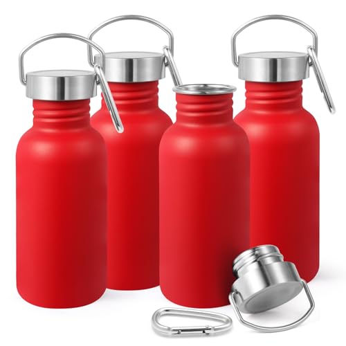 Volhoply 16oz Uninsulated Single Walled Water Bottles 4 Pack, Stainless Steel Kids Water Bottle with Handle & Carabiner, BPA Free 18/8 304 Reusable Water Flask for Camping Hiking Biking (Red,4)