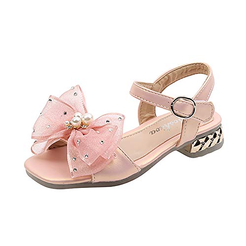 Children Sandals Soft-Soled Princess Shoes Slippers Pearl Children Non-Slip Bowkont Flat Girl's Shoes (Pink, 6-7Years)