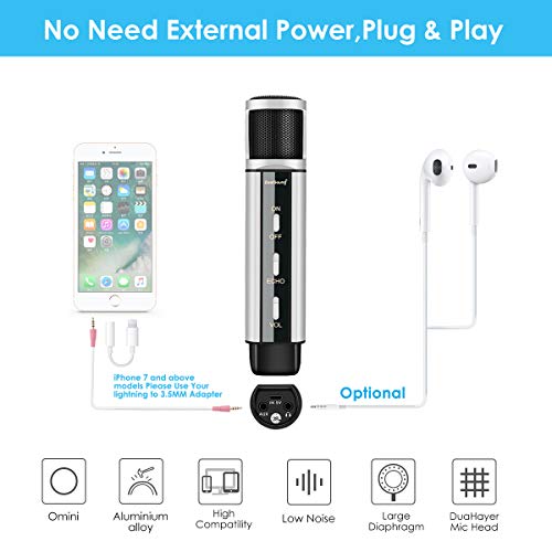 Studio Recording Microphone, ZealSound Condenser Broadcast Microphone w/Stand Built-in Sound Card Echo Recording Karaoke Singing for Phone Computer PC Garageband Smule Live Stream & YouTube (Silver)
