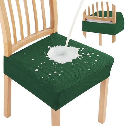 Image of Smiry Waterproof Seat Covers for Dining Room Chairs, No Rear Covers | Stretch Jacquard Removable Washable Chair Seat Slipcovers Protector, Set of 2, Emerald Green
