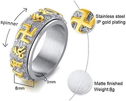 EZSONA Mens Stainless Steel Buddhist Swastika Spinner Ring