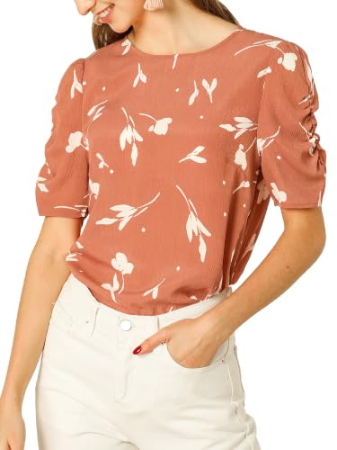 Image of Allegra K Women's Floral Blouse Crew Neck Casual Shirred Short Sleeve Top