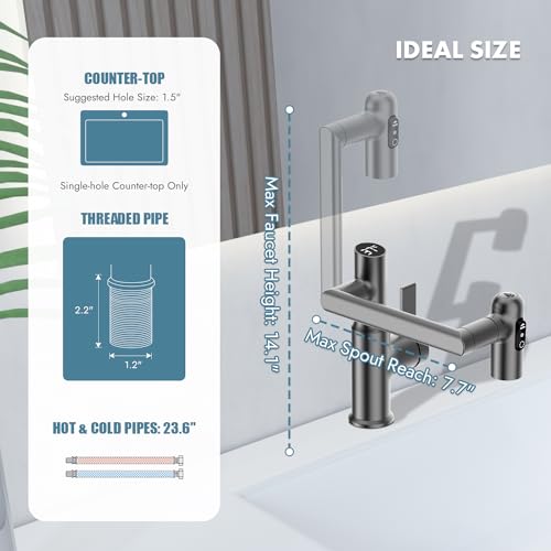 Lefton Rotatable Bathroom Faucet with Temperature Display (Batteries-Free), 3 Water Modes, Dark Grey, BF2204-2 - Thumbnail 2