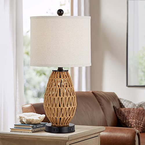 CINSARY Touch Control Rattan Table Lamp, 3 Way Dimmable Bedside Lamp for Bedroom with 2 USB Ports and AC Outlet, Wicker Nightstand Lamps for Living Room(LED Bulb Included), Rattan-1PK