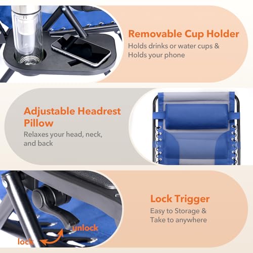Sweetcrispy Zero Gravity Chairs, Foldable Patio Reclining Chairs with Adjustable Pillow & Cup Holder, Oversized Portable Support 400 lbs, for Backyard Camping, Blue-Gray by Sweetcrispy - Image 4