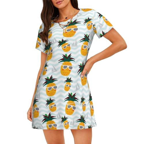 Chemise de nuit manches courtes pour femme en coton léger à motif ananas