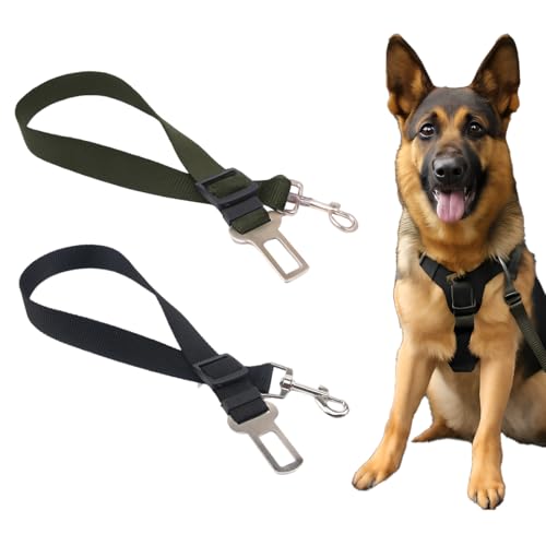 LACHT 2 Pezzi Cintura Sicurezza Auto Per Tutti Cani E Gatti, Guinzaglio Realizzato In Nylon Con Forte Moschettone,Con Lunghezza Regolabile (Verde Militare)