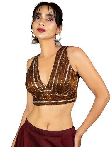 FIGURE'S DESIGNER Women's Sequin Embroidered SabyaSachi Cut V Neck Sleeveless Readymade Saree Blouse E24 BROWN 34