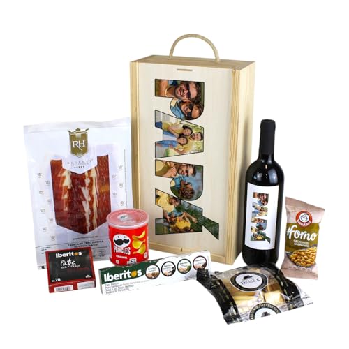 Caja Regalo Aperitivos Personalizada con Fotos PAPÁ Caja Regalo Día del Padre Cumpleaños Aniversario (Vino Tinto)