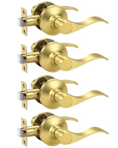 KNOBWELL 4 Pack Gold Finish Keyless Interior Door Handle, Classic Passage Door Lever for Hallway Closet, Non-Locking Wave Style Doorknobs with Universal Handle