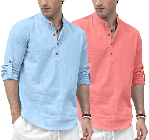 Image of Zombom Men's Combo Cotton Polyester Blend Solid Full Sleeve Straight Regular Fit Mandarin /Chinese Collor Kurta (Pack of 2)