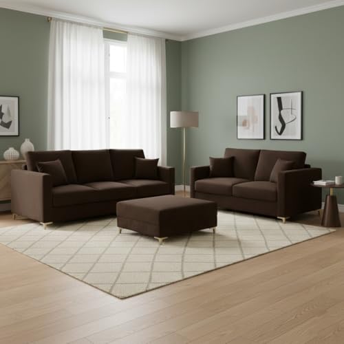 Image of Hayes Rich Velvet Suede 3 Seater + 2 Seater Sofa Set with Ottoman | Golden Aesthetic Legs | 6 Person Seating Capacity | Spacious Soft Touch Comfort | Modern Living Room Sofa (Dark Brown)