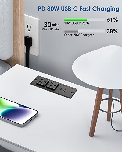Recessed Power Strip USB C PD 30W Fast Charging,Flush Mount Desk Recessed Outlet,Space-Saver for Furniture Side Table,2 USB Ports,2 AC Outlets,6ft Cord,Ultra Thin Flat Plug