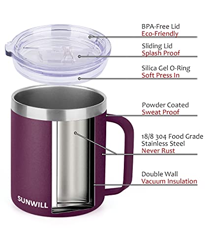 Sunwill 14 Oz Coffee Mug, Vacuum Insulated Camping Mug With Lid, Double Wall Stainless Steel Travel Tumbler Cup, Coffee Thermos Outdoor, Powder Coated Plum #TOP1