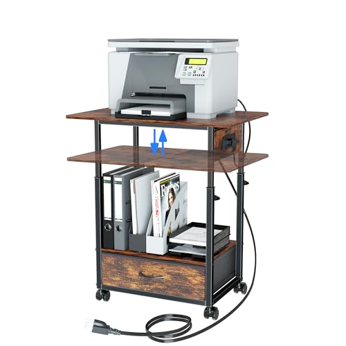 DALEMHOME Printer Stand with Charging Station, 2-Tier Height Adjustable Printer Table with Power Outlets Ports, Mobile Printer Cart with Fabric Drawer & Lockable Wheels, for Home Office, Rustic Brown