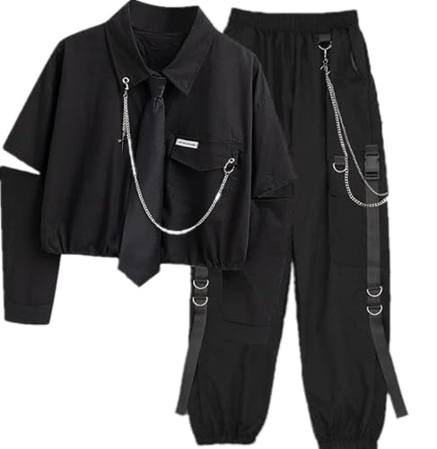 [catwishes] ゴスロリ ツーピース 白黒 ショート丈シャツ パンツ 黒ネクタイ付き チェーン バックルストラップ ストリート系 クール 病み可愛い 原宿系 JK ゴスロリ 原宿系 10代 20代 病みかわいい服 春 秋 夏 (L, ブラック/ブラック) - catwishes - 商品画像
