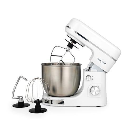 Salter Boston - Batidora eléctrica de cocina de alimentos, cuenco de acero inoxidable de 5 l, incluye gancho de masa, batidor de alambre, batidor y protector contra salpicaduras, 8 velocidades y