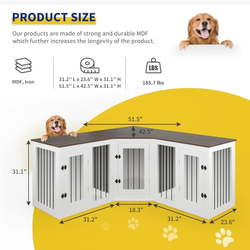 Large Dog Crate Furniture for 3 Dogs, 113\'\' Corner Dog Crate with Divider, Wooden Indoor Dog Kennel Furniture, 3 in 1 Dog Crate for Small Medium Large Dogs